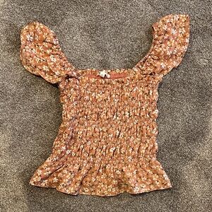 Moa Moa Floral Smocked Blouse in Brown and White